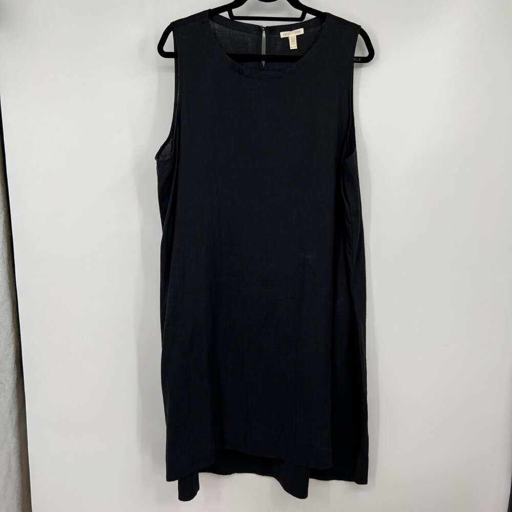 Eileen Fisher Black Linen sheath midi scoop neck woman’s size XL hi low sleevele